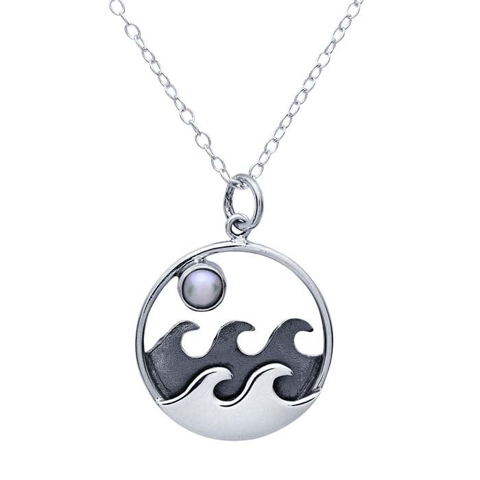 Sterling Silver Waves and Pearl Moon Necklace