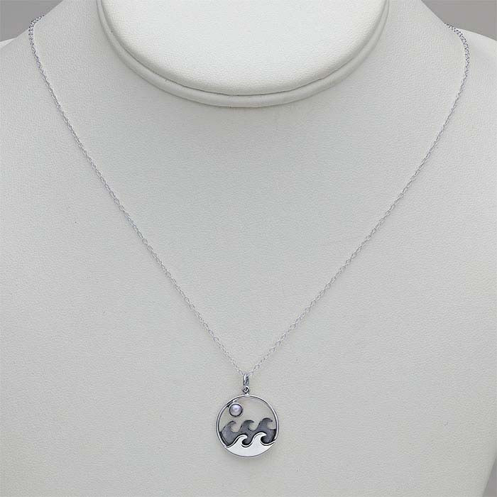 Sterling Silver Waves and Pearl Moon Necklace