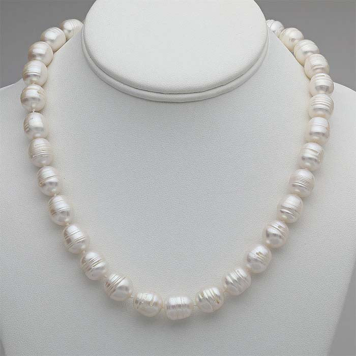 Cultured 10–13mm Ringed Barrel White Pearl Necklace