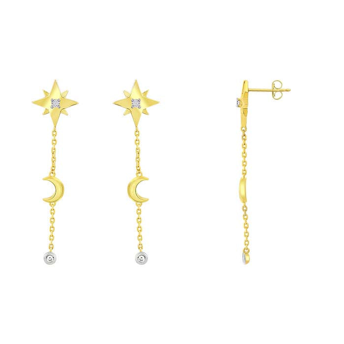Lab-Grown Diamond-Set Moon & Star Drop Post Earrings