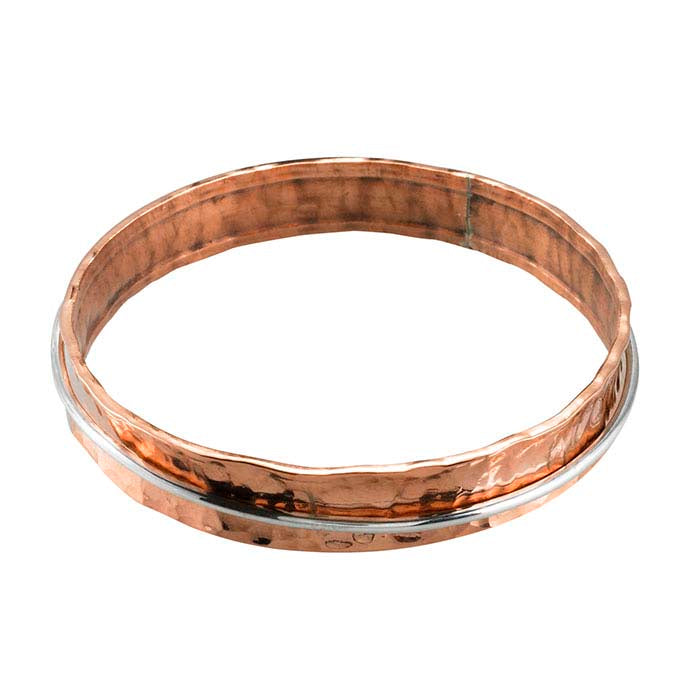 Copper Hammered Concave Bangle Bracelet with Sterling Silver Moveable Ring