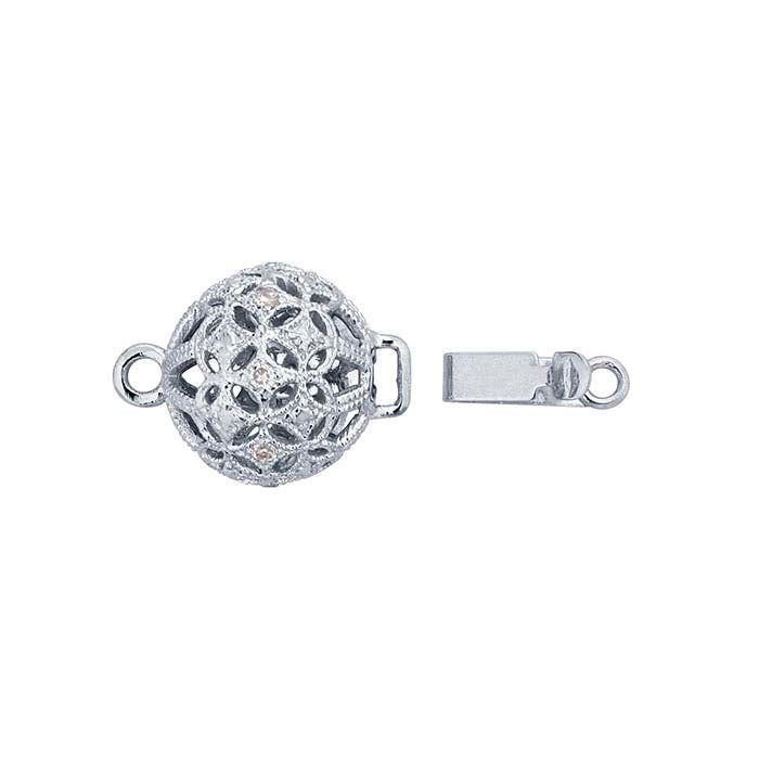 14K White Gold 15.1 x 10mm Diamond-Accented Filigree Bead Safety Clasp