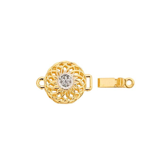 14K Yellow Gold 15.3 x 10mm Diamond-Set Filigree Round Safety Clasp