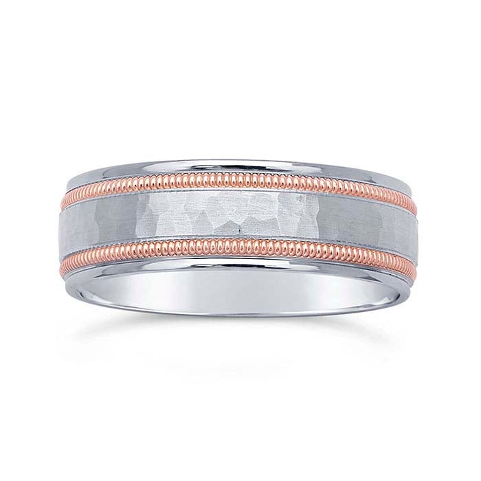 Nordt 14K White Gold 7mm Hammered Wedding Band with Rose Gold Millgrain Edges