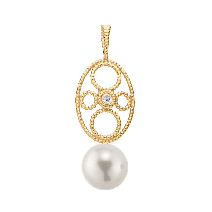 14K Yellow Gold Diamond-Set Oval Filigree Pearl Pendant Mounting