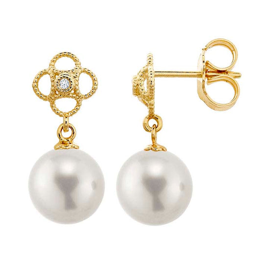 14K Yellow Gold Diamond-Set Filigree Post Earring with Pearl Mounting