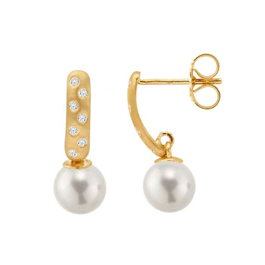 14K Yellow Gold Curved Diamond-Set Pearl Post Earring Mounting
