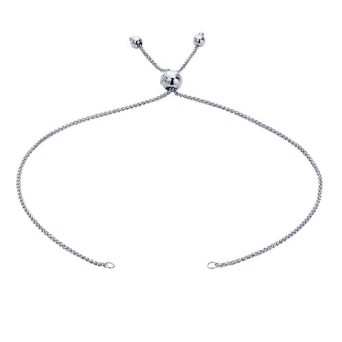 14K White Gold 1mm Diamond-Cut Wheat Chain Bracelet Component, Adjustable