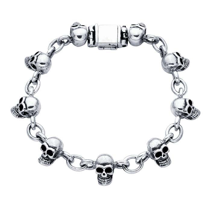Sterling Silver Nine Skull Heads Bracelet