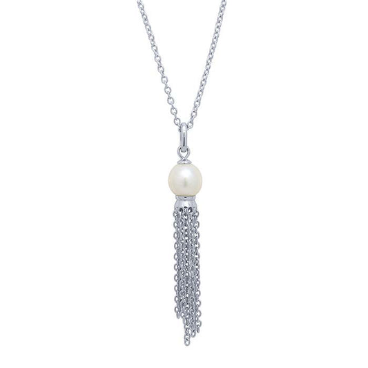 Sterling Silver White Freshwater Shell Pearl Drop Necklace with Tassel