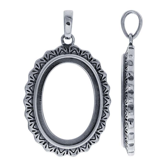 Sterling sølv 18 x 13 oval cabochon vedhængsbeslag med bølget kant
