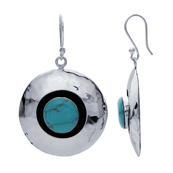 Sterling Silver Imitation Turquoise-Set Hammered Circle Earrings