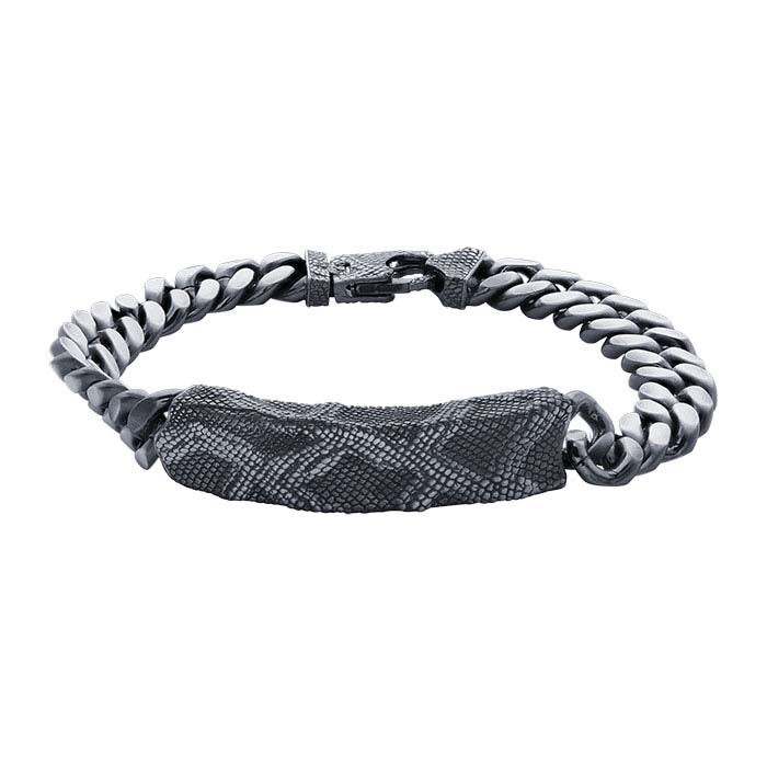 Sterling Silver Oxidized 9.3mm Curb Chain Bracelet with Snake Pattern