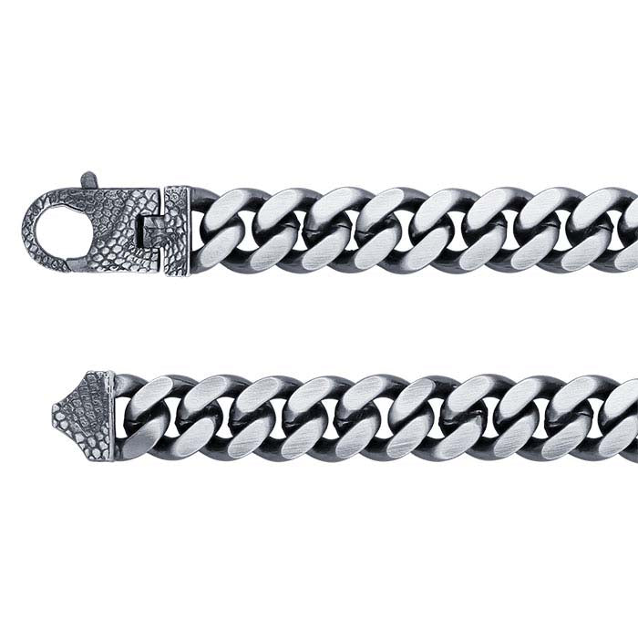 Sterling Silver Oxidized 9.3mm Curb Chain Bracelet with Snake Pattern