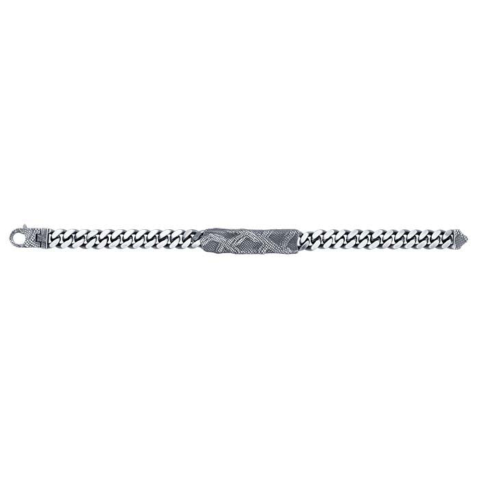 Sterling Silver Oxidized 9.3mm Curb Chain Bracelet with Snake Pattern