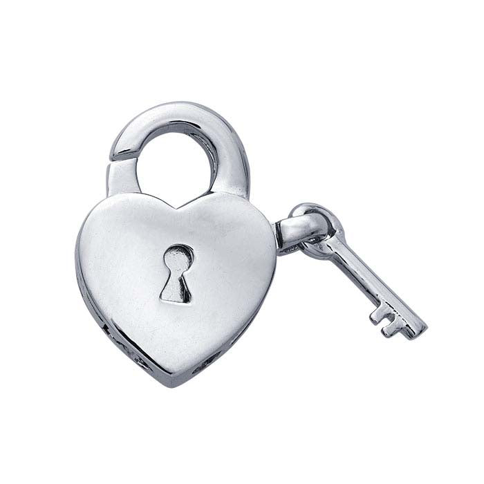 Sterling Silver 15.4 x 13.6mm Heart Lock with Key Lobster Clasp