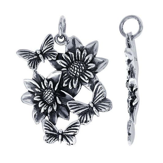 Sterling Silver Dahlias & Butterflies Pendant