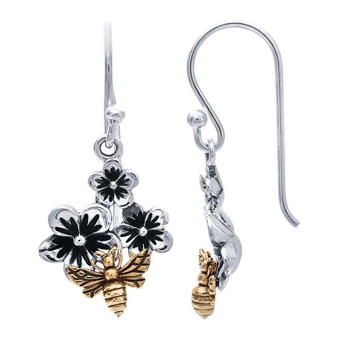 Sterling Silver Bronze Bee & Flowers Earrings
