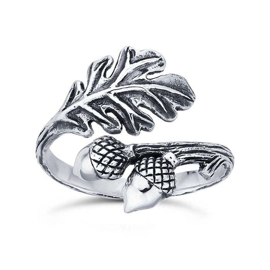 Sterling Silver Leaf & Acorn Bypass Ring, Adjustable