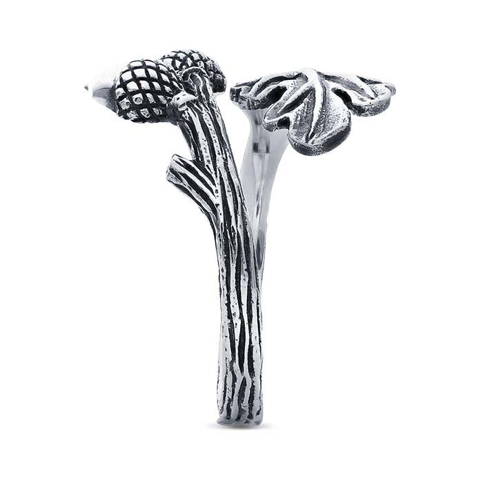 Sterling Silver Leaf & Acorn Bypass Ring, Adjustable