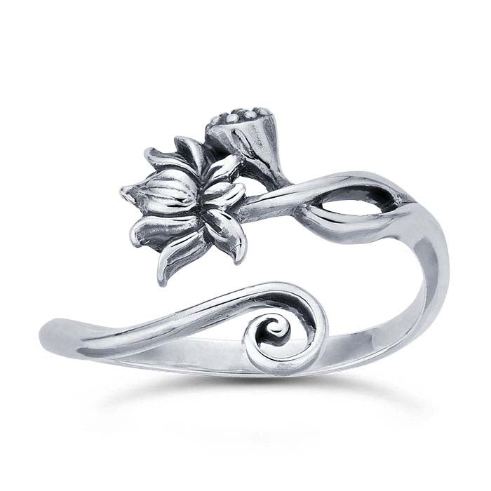Sterling Silver Lotus Flower Bypass Ring, Adjustable