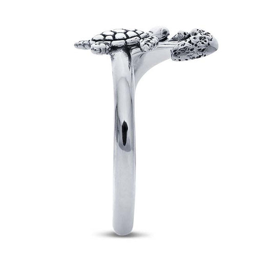 Sterling Silver Sea Turtle & Wave Bypass Ring, Adjustable