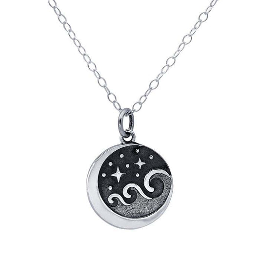 Sterling Silver Moon with Waves Necklace