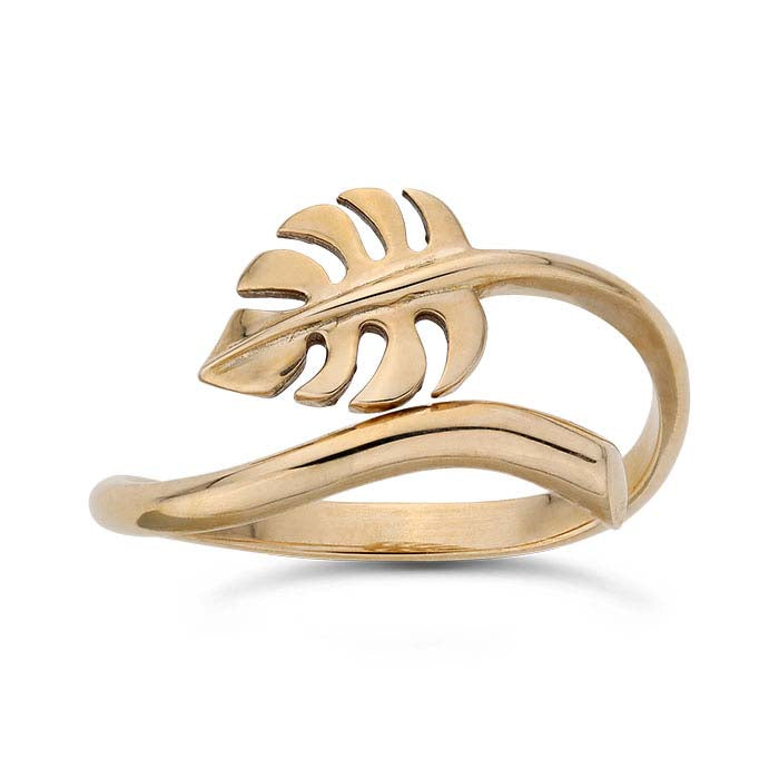 Brons Monstera Blad Bypass Ring, Verstelbaar