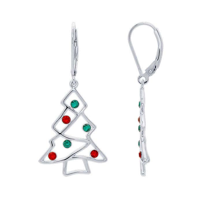 Sterling Silver CZ-Set Christmas Tree Lever-Back Earrings