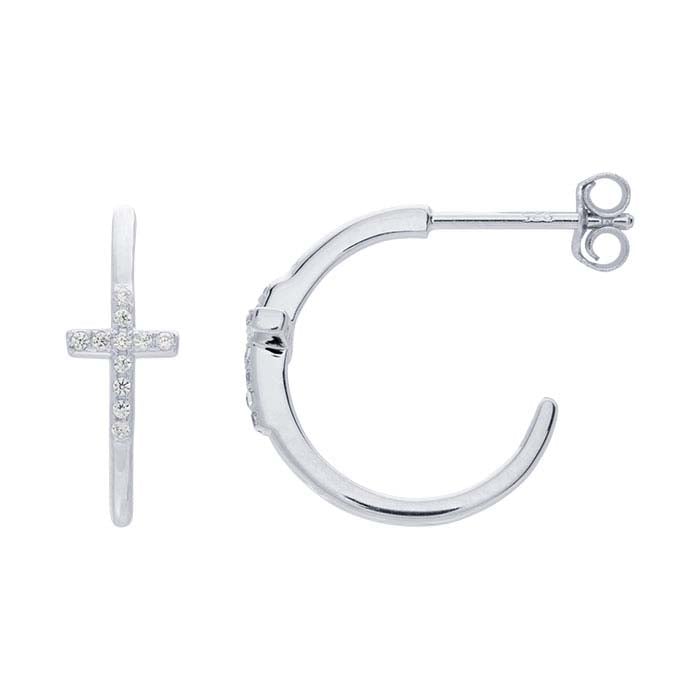 Sterling Silver CZ-Set Cross Hoop Post Earrings