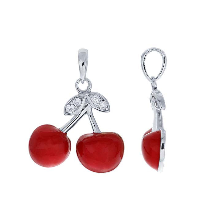 Sterling Silver CZ-Set Red Enamel Cherries Pendant