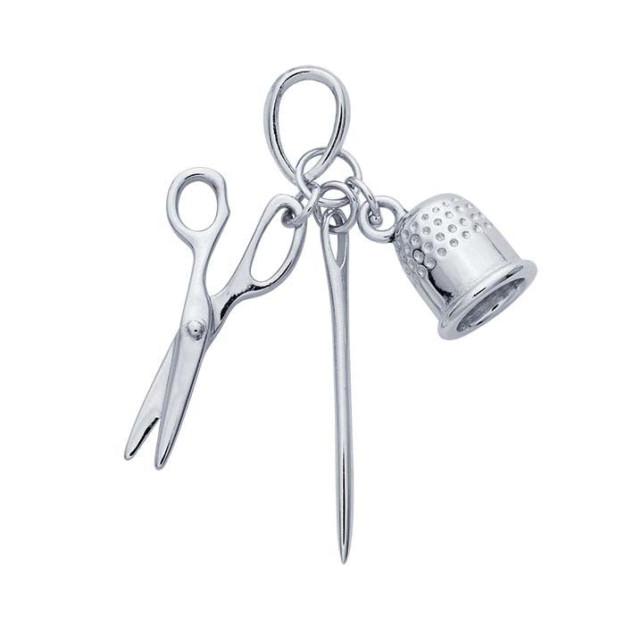 Sterling Silver CZ-Set Scissors, Needle and Thimble Pendant