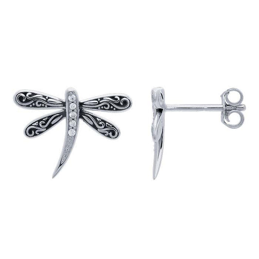 Sterling Silver CZ-Set Dragonfly Post Earrings