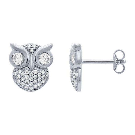 Sterling Silver CZ-Set Owl Post Earrings