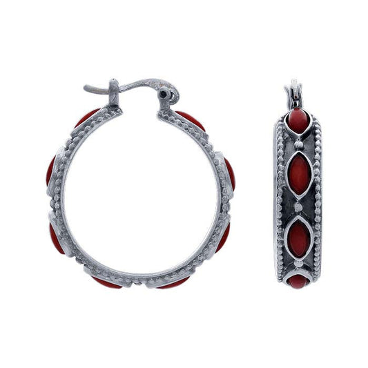 Sterling Silver Bamboo Coral-Set Hoop Earrings