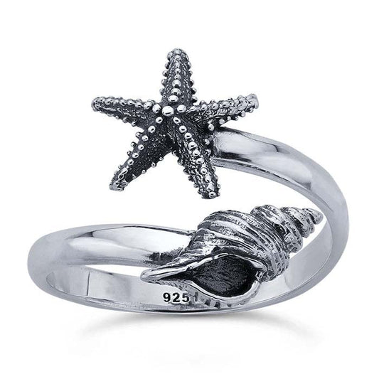 Anillo Bypass de Concha de Caracol y Estrella de Mar en Plata de Ley