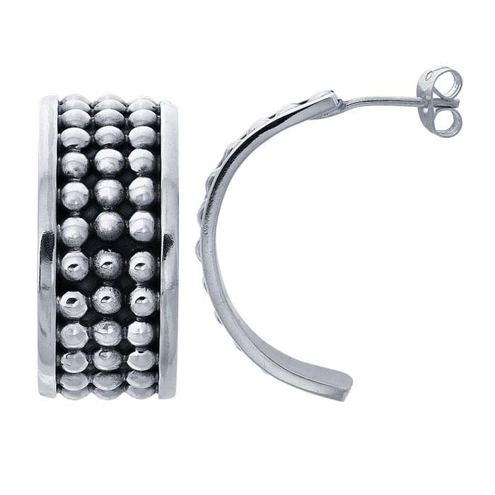 Sterling Silver Beaded Half-Hoop Post Earrings