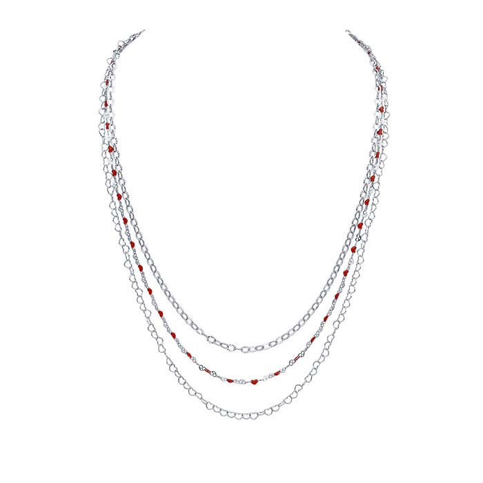 Sterling Silver Three-Strand Red Heart Necklace