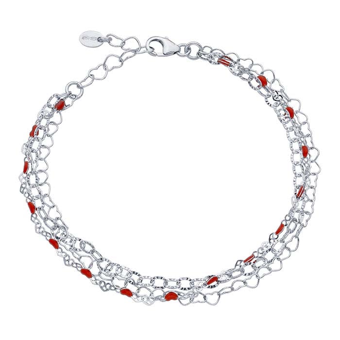 Sterling Silver Three-Strand Red Heart Bracelet