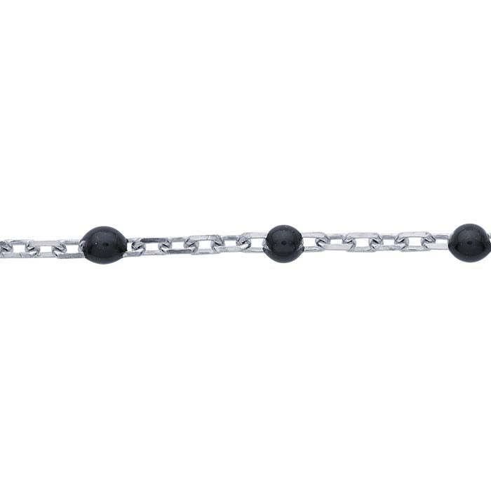 Sterling sølv 1,2 mm kabelkjede med 2 mm svarte perler