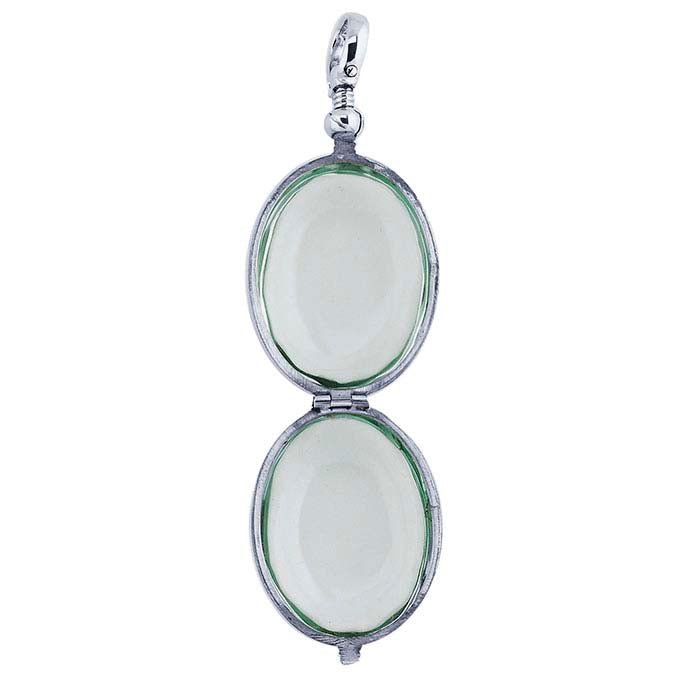 Sterling Silver Scalloped Oval Antique Glass Locket Pendant