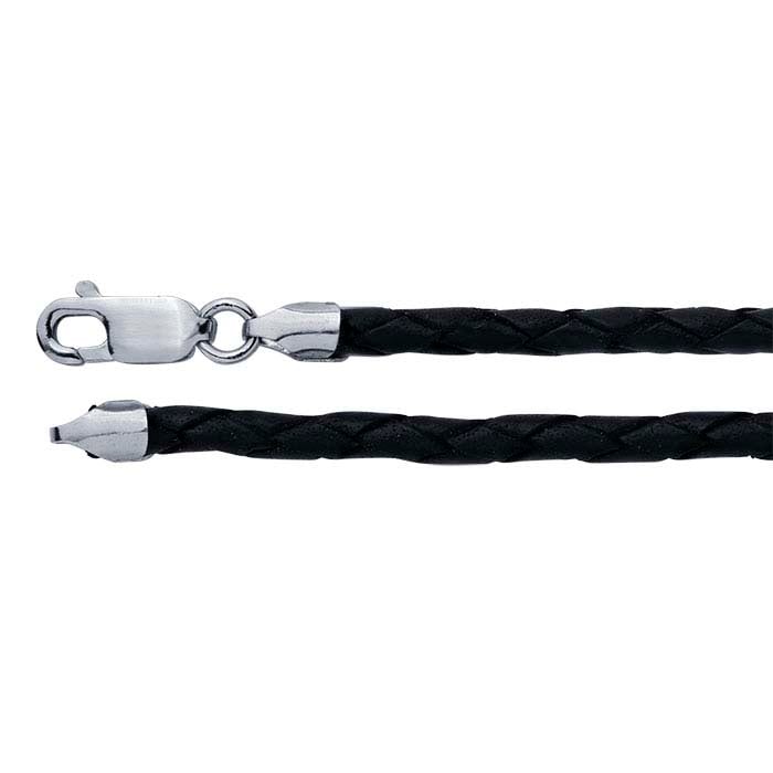 Collar de cordón trenzado de cuero negro de 3 mm con cierre de plata de ley chapado en rodio