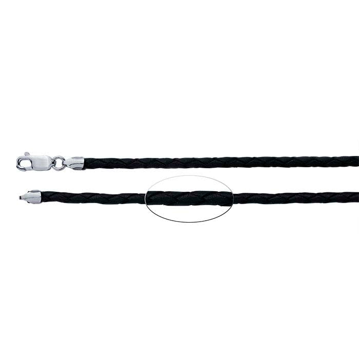 Collar de cordón trenzado de cuero negro de 3 mm con cierre de plata de ley chapado en rodio