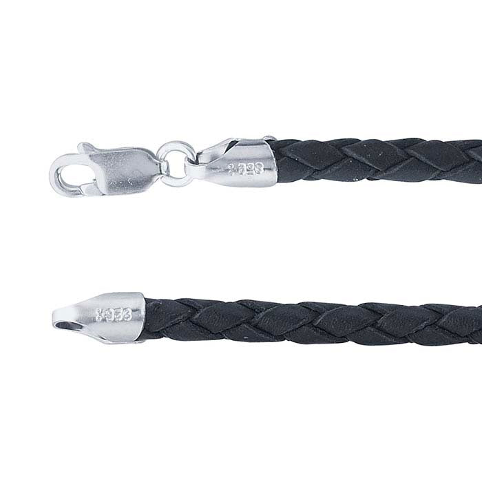 Collar de cordón trenzado negro de cuero de 4 mm con cierre de plata de ley chapado en rodio