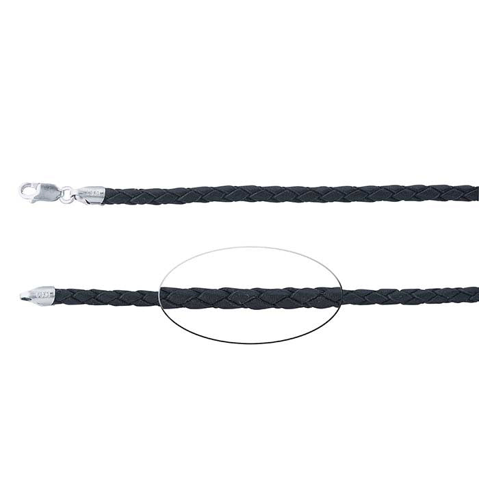 Black Leather 4mm Braided Cord Necklace with Rhodium-Plated Sterling Silver Clasp