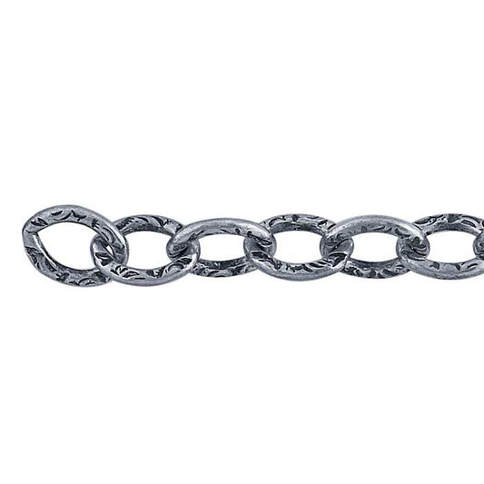 Sterling Silver Oxidized 4.9mm Patterned Flat Oval Cable Chain, By the Foot