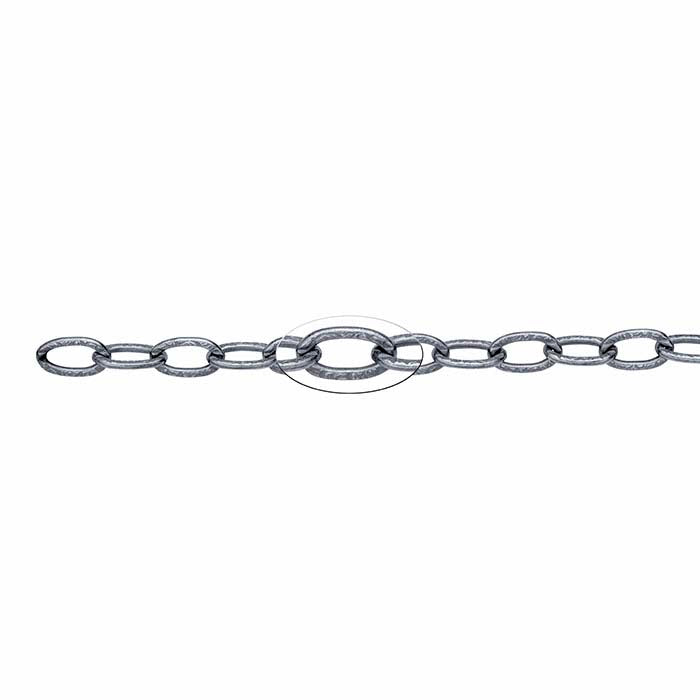 Sterling Silver Oxidized 7mm Patterned Oval Cable Chain, By the Foot