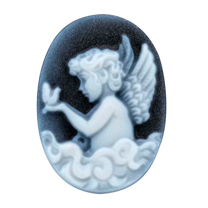 Black Agate 18 x 13mm Oval Cherub and Bird Cameo