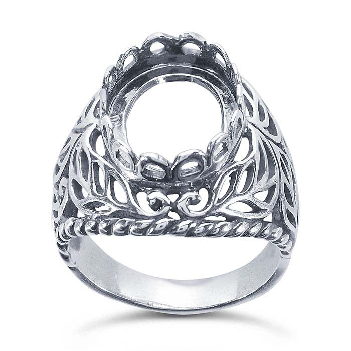 Sterling Silver Leaf Filigree 16 x 12mm Oval Cabochon Ring Mounting