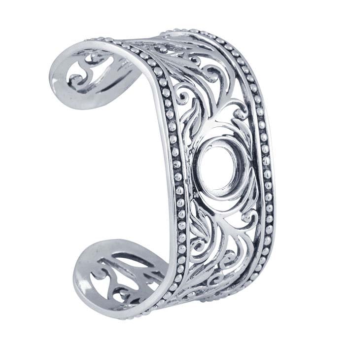 Sterling Silver 12mm Round Beaded Filigree Cuff Bracelet Mounting